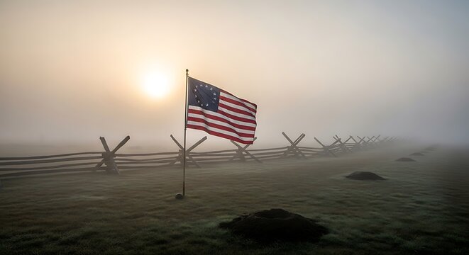 Early Morning Fog Over Colonial American Flag and Split Rail Fence. 13 colonies flag