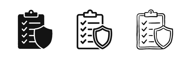 Obraz premium Secure checklist icon set, clipboard with shield illustration in solid, outline and hand-drawn styles