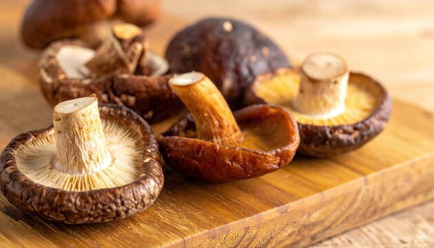 Sun dried edible shiitake and porcini mushrooms arranged on a wooden cutting board for professional culinary preparation, highlighting their rich textures and deep earthy umami profiles.