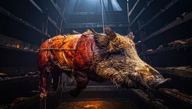 A smoked and dried wild boar carcass hanging in a cool dark and well ventilated space during the traditional curing process of artisanal meat preparation.