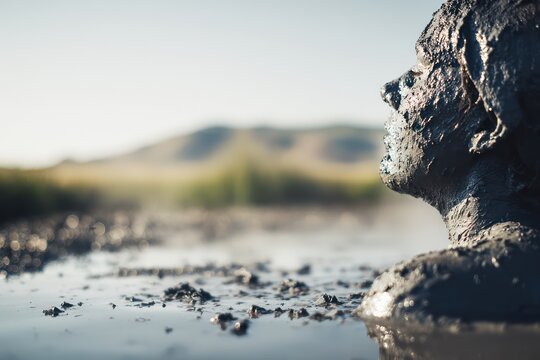 Person relaxing in natural mineral mud pool