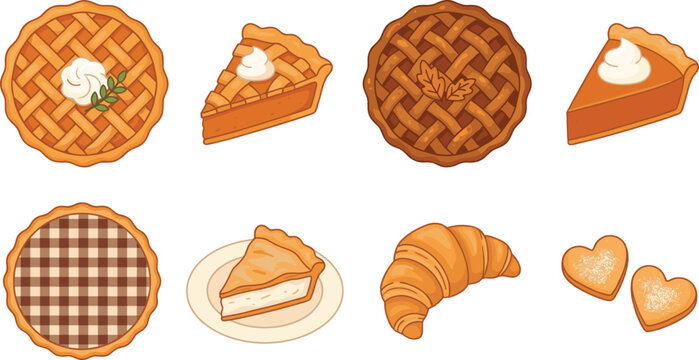 Assortment of baked goods including pies croissant and cookies with decorative toppings