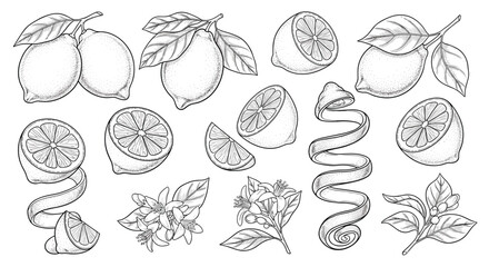 Obraz premium Detailed hand drawn sketches of fresh lemons including whole fruit slices and peels are displayed on a white background.