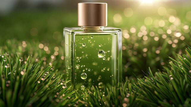 Ein transparentes Parf&uuml;mflakon mit Wassertropfen steht auf frischem gr&uuml;nem Gras im Morgenlicht.