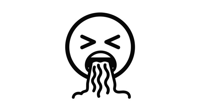 Black and white line art icon of a face vomiting represents sickness nausea or an unpleasant reaction in a simple style.