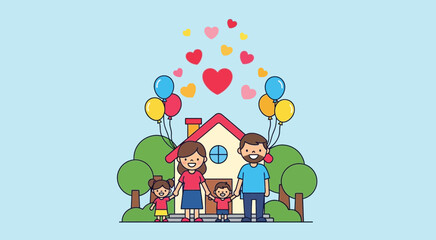 Obraz premium Happy Family Home Illustration with Hearts and Balloons
