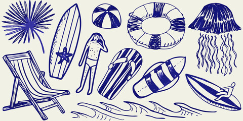 hand drawn beach elements including surfboards jellyfish and beach chair high quality professional detailed modern © Bithi