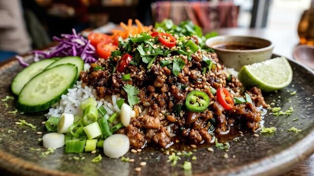 Spicy minced meat plate with fresh vegetables and sauce, bold savory dish with colorful garnish and appetizing restaurant-style presentation, realistic detail, no logos