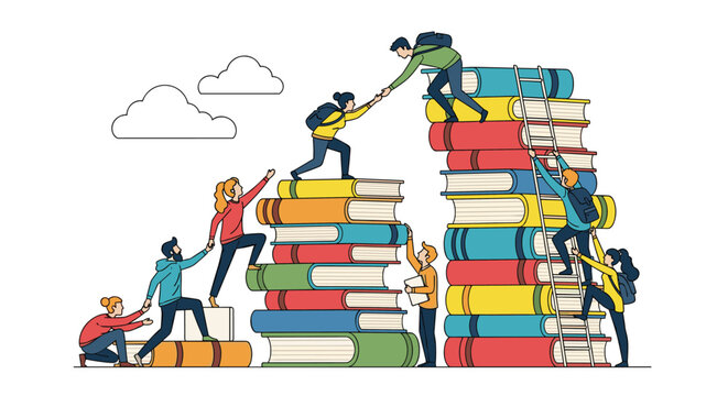 Group of ambitious students helps each other climb a tall stack of colorful books to represent the journey of education.