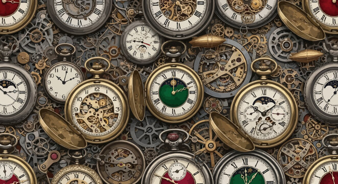 Collection of antique pocket watches and clockwork mechanisms