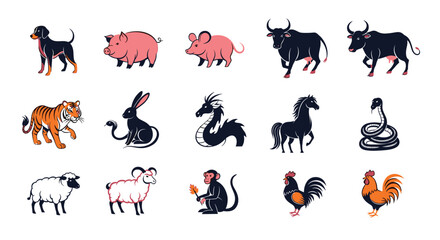 Obraz premium Artistic set of fifteen stylized animal icons representing the traditional Chinese zodiac including the tiger, dragon, horse, and snake signs.