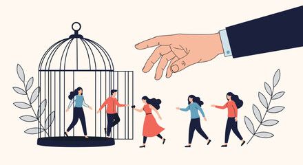 Obraz premium Conceptual illustration of a giant hand reaching towards a group of people escaping a large birdcage into the world of freedom and nature.
