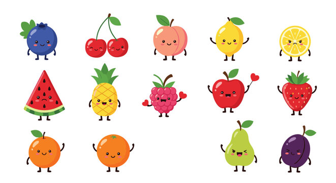 Colorful collection of twelve cute cartoon fruit characters including apple, strawberry, and orange with various charming facial expressions.