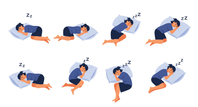 Comprehensive set of eight illustrations depicting a young woman in different comfortable sleeping poses on a blue pillow at night time.