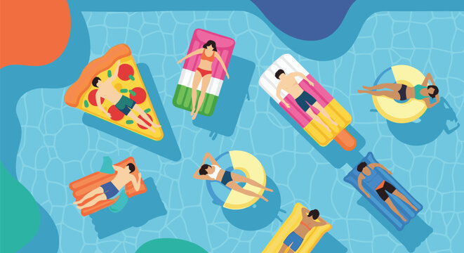 Top-down view of a vibrant swimming pool scene with diverse people relaxing on various colorful and fun inflatable pool floats in the sun.