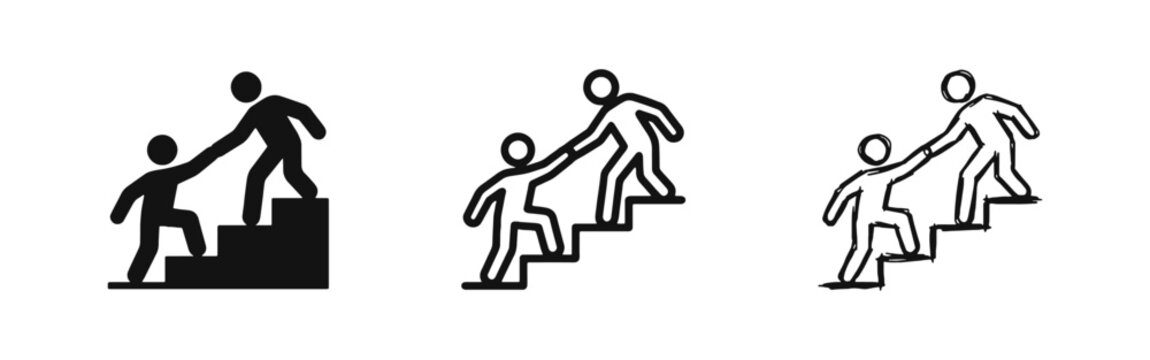 Mentorship and teamwork icon set showing one person helping another up stairs