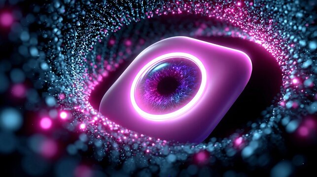 Abstrakte Nahaufnahme eines gl&uuml;henden, ovalen Neonrings aus Partikeln auf dunklem, glitzerndem Hintergrund