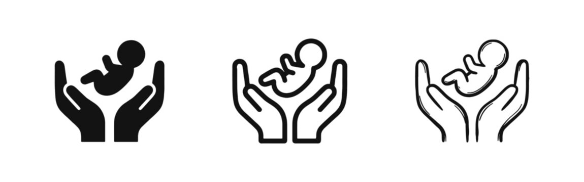 Baby care and protection icon set with hands holding an infant