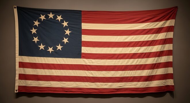 Betsy Ross flag with 13 stars in a circle, historical American symbol against dark background. 13 colonies flag