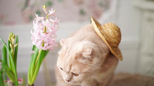 Cat wearing strow hat with pink hyacinth flower in cozy interior, gardening, nature and pet photography showcases, home decor inspiration, feline companions, and peaceful living environments