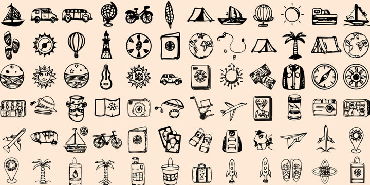 collection of black and white travel icons on beige background high quality professional detailed modern