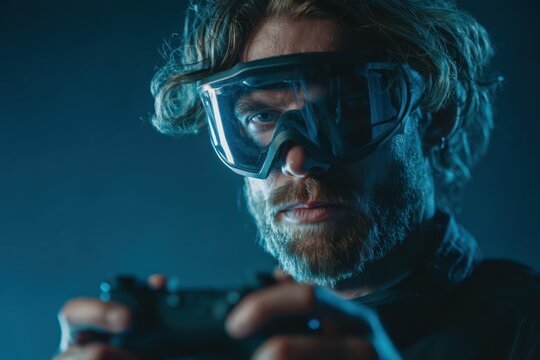 FPV pilot portrait with goggles and transmitter