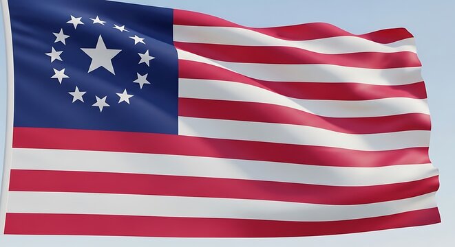 Betsy Ross Flag Waving in Clear Blue Sky, American History Symbol. 13 colonies flag