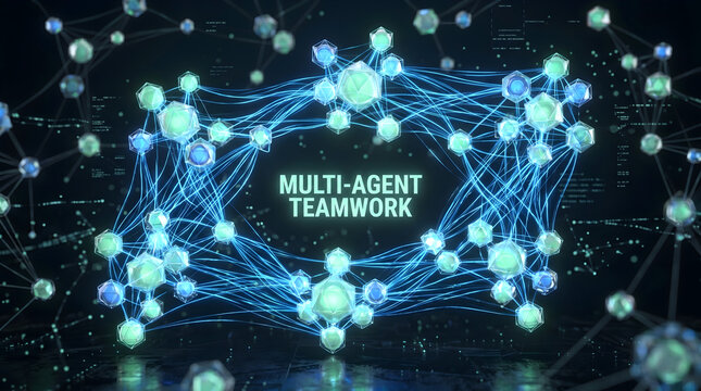 Multi-agent Collaboration: 3D render of connected geometric nodes representing "Multi-agent Teamwork." Translucent glass materials, "Synthesized Mint" and blue light trails .