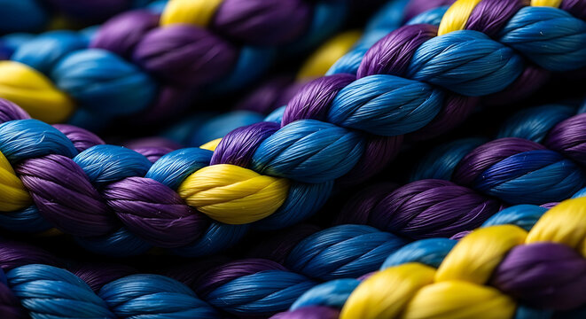 Macro CloseUp of Vibrant Braided Synthetic Ropes in Blue Purple and Yellow with Intricate Fiber Texture for Abstract Industrial Background or Craft Concept