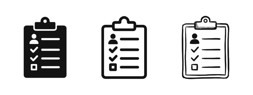 User profile and checklist icon set with clipboard and person symbol