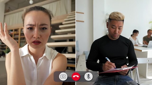 Students and teacher engage in an online call. One student is frustrated while the other seems focused and concerned. They discuss a class topic and express feelings.