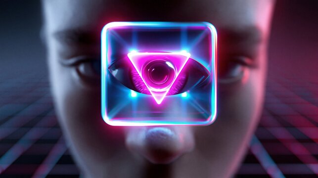 Androiden-Gesicht mit Neondreieck-Symbol auf der Stirn vor einem futuristischen Gitternetz-Hintergrund