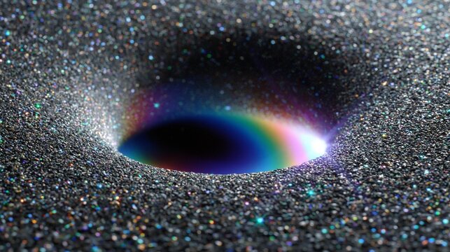 Schwarzes Loch mit irisierendem Lichtrand eingebettet in eine silbrig schimmernde Partikelstruktur