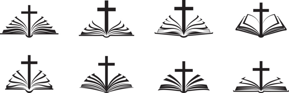 Christian cross superimposed over an open book  collection, different shapes, enclosed within a thin circular border vector flat illustration.