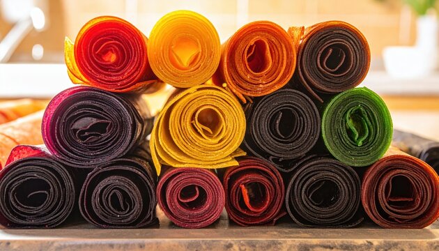 A vibrant assortment of colorful fruit leather sheets neatly rolled and stacked together for a healthy snack, showcasing a variety of natural fruit flavors and preserved culinary craftsmanship.