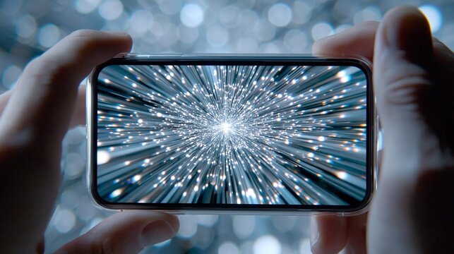 Zwei H&auml;nde halten ein Smartphone quer, auf dessen Bildschirm ein explodierender wei&szlig;er Lichttunnel zu sehen ist