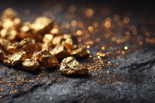 Precious gold nuggets on dark industrial surface