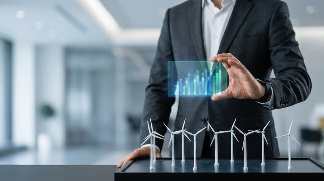 Renewable energy investment wind turbine climate change clean power growth chart sustainability corporate strategy carbon reduction wind turbine model with growth chart for renewable energy