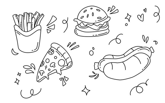 A doodle-style vector illustration of fast food icons featuring french fries, a burger, pizza, and a hot dog.