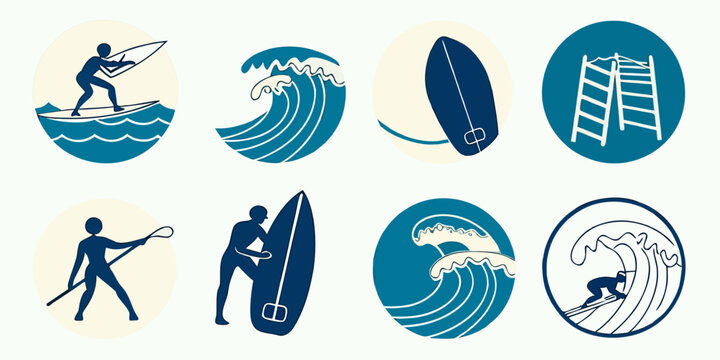 Set of circular vector icons featuring surfing activities waves surfboards and coastal nautical equipment surfboards activity lifestyle adventure graphics illustration elements collection