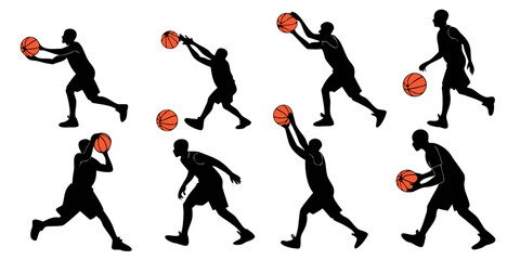 Set of eight professional basketball player silhouettes in various action poses including shooting dribbling jumping isolated on a white background with orange balls basketball silhouette exercise © rabby