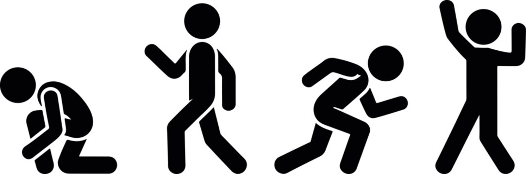 Adobe Illustrator Artworkstickman activity poses people silhouette icon set, human actions running jumping walking icon collection, simple stickman movement silhouette vector set