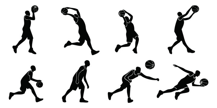 Eight distinct silhouettes of basketball players performing high energy moves such as layups low dribbles reach shots isolated in black and white for graphic design with basketball, silhouette