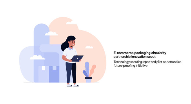 E-commerce packaging circularity innovation scout with laptop, future-proofing initiative