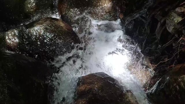 Crystal clear water flows rapidly over dark wet river rocks in a beautiful natural mountain stream captured in high quality cinematic motion footage showing the constant movement of cascading liquid