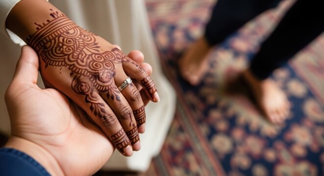 Hands with intricate henna design in ceremonial setting, featuring palm adorned with henna patterns and gentle touch between partners on decorative carpet.