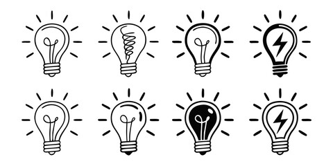 Set of light bulb icons with filament and energy symbol outlines lightbulb innovation electricity creativity solution inspiration thinking filament business knowledge illustration electric © rabby