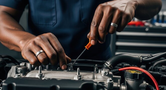 Car mechanic working on engine with screwdriver to perform maintenance and repairs, hands focused on engine assembly. Professional mechanic engaged in automotive service and repair tasks.
