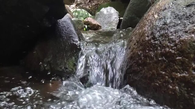 Crystal clear water flows rapidly over dark wet river rocks in a beautiful natural mountain stream captured in high quality cinematic motion footage showing the constant movement of cascading liquid