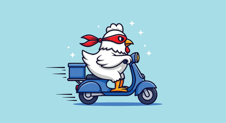 Cute Cartoon Chicken Superhero Riding Blue Scooter for Food Delivery. © Caroline Studio
